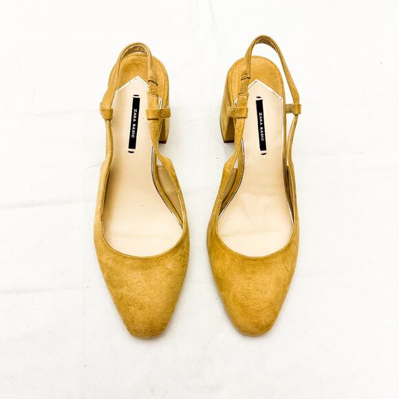 Zara Wheat Tan Slingback Almond Toe Pump Square Block Heeled Shoes Size 41/US 10 - Picture 1 of 5